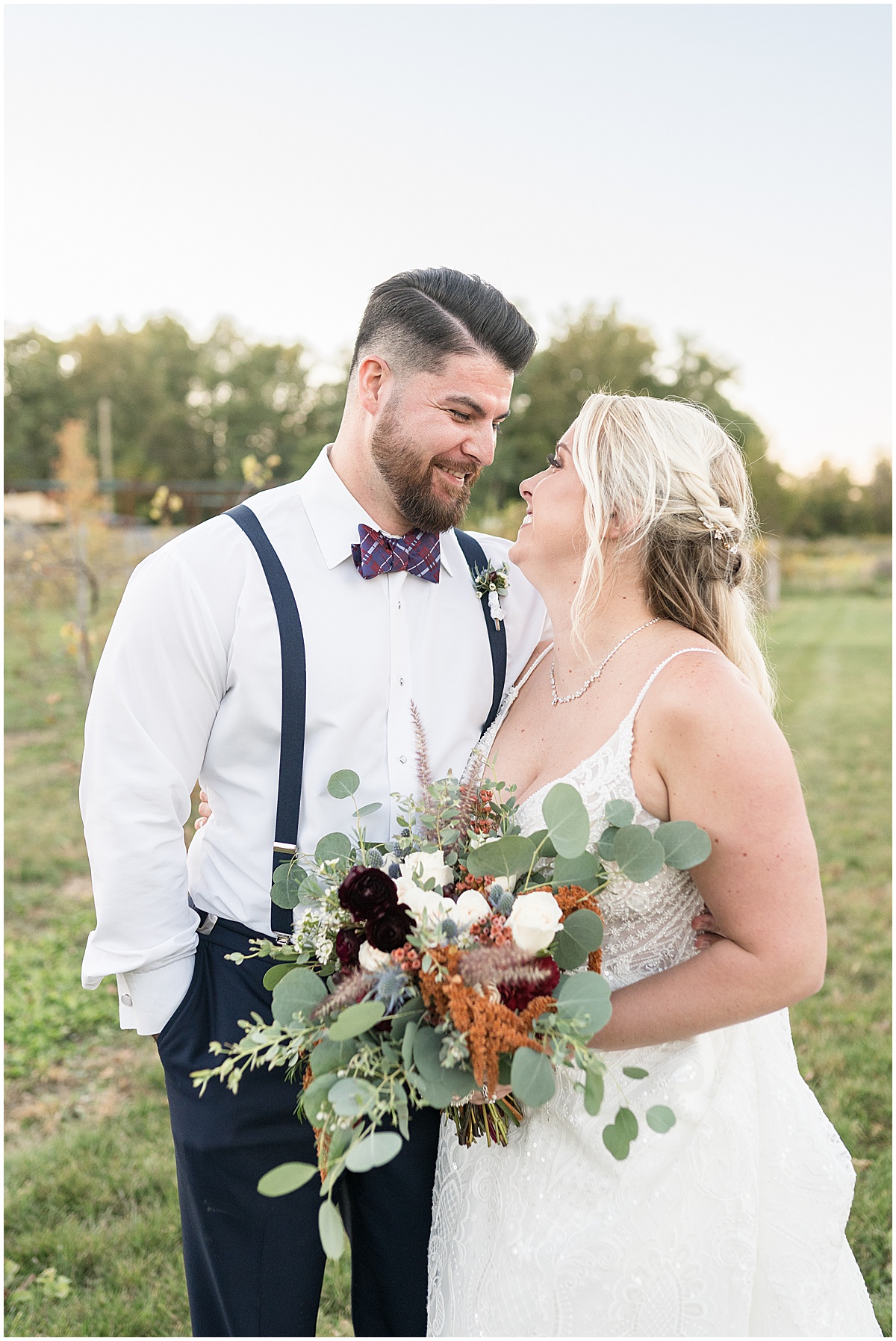 Newlyweds sunset photos at Finley Creek Vineyards wedding in Zionsville, Indiana