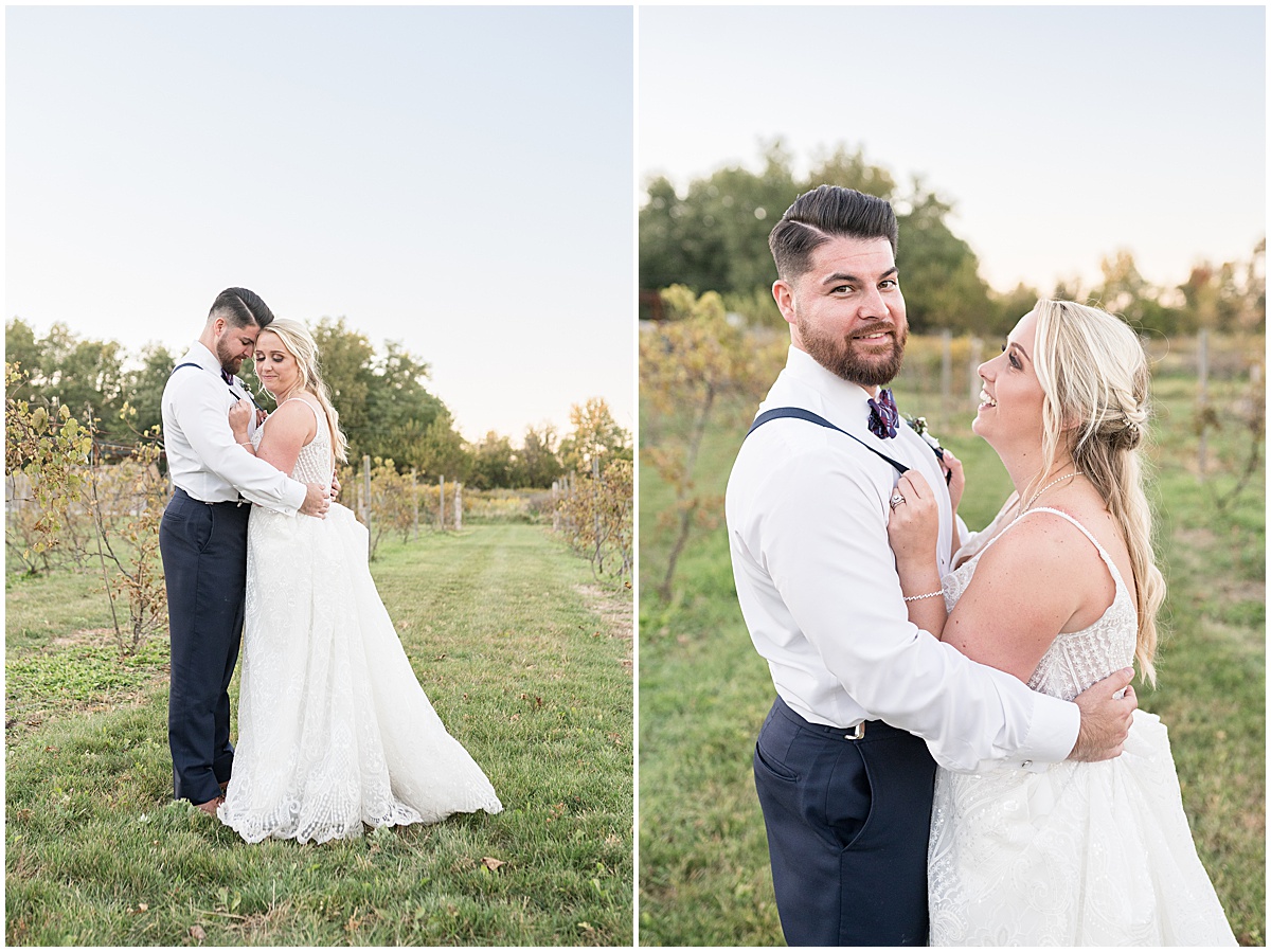 Bride and groom hold on to each other at Finley Creek Vineyards wedding in Zionsville, Indiana