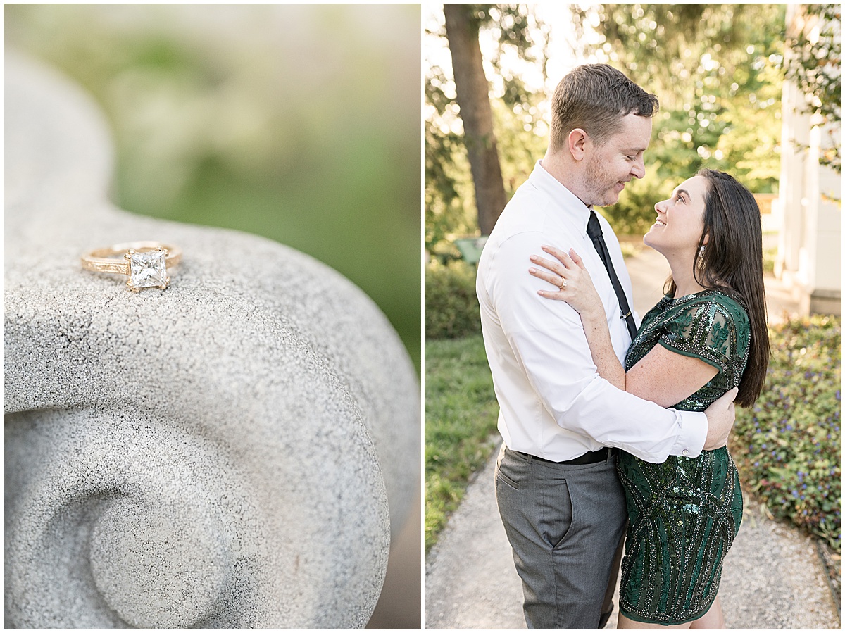 Close up of gold wedding ring during jewel tone engagement photos at Newfields
