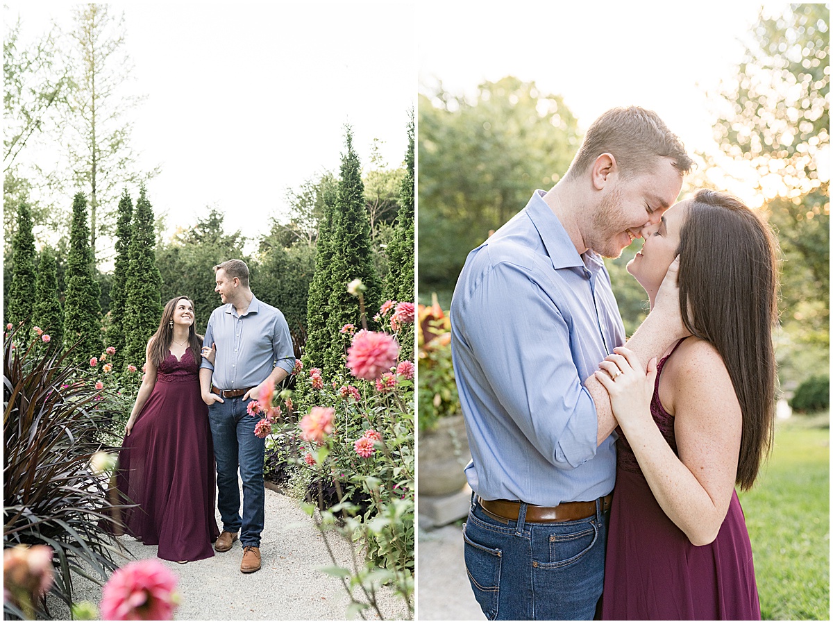 Couple kiss at sunset during jewel tone engagement photos at Newfields