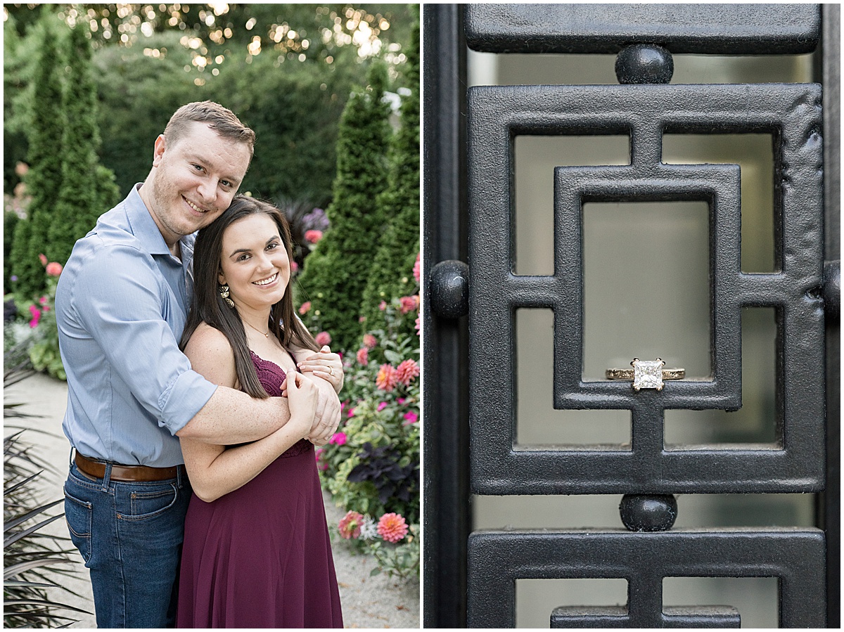 Couple hug in garden at jewel tone engagement photos at Newfields