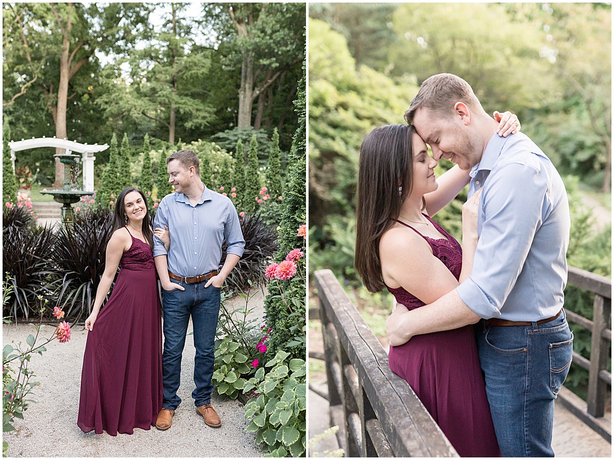 Couple walk on path at jewel tone engagement photos at Newfields