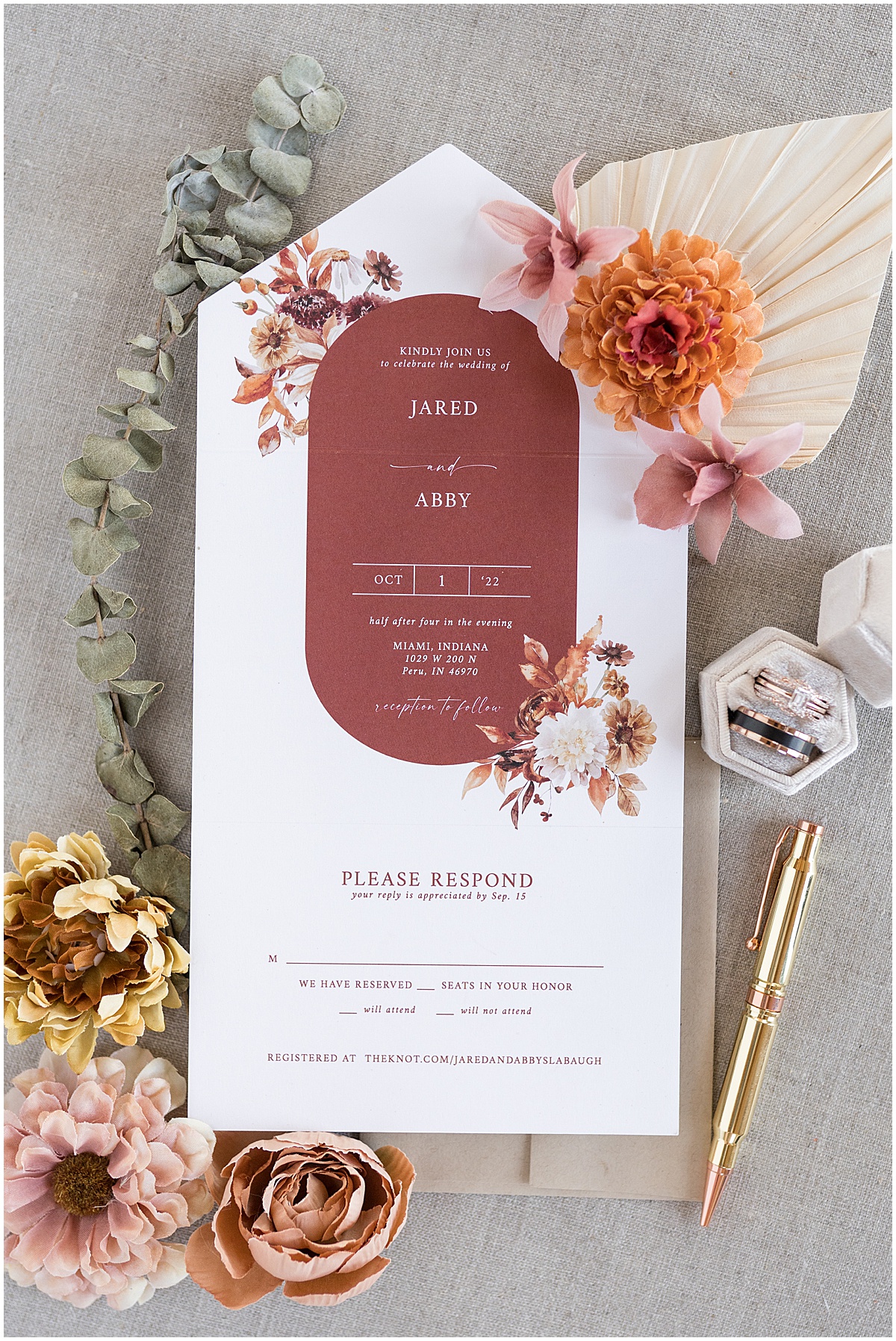 Bridal details of invitation for Miami County Fairgrounds wedding in Peru, Indiana