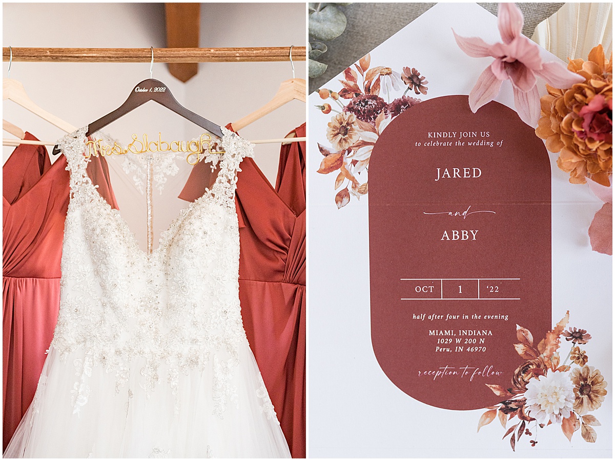 Bridal gown and invitation close up for Miami County Fairgrounds wedding in Peru, Indiana