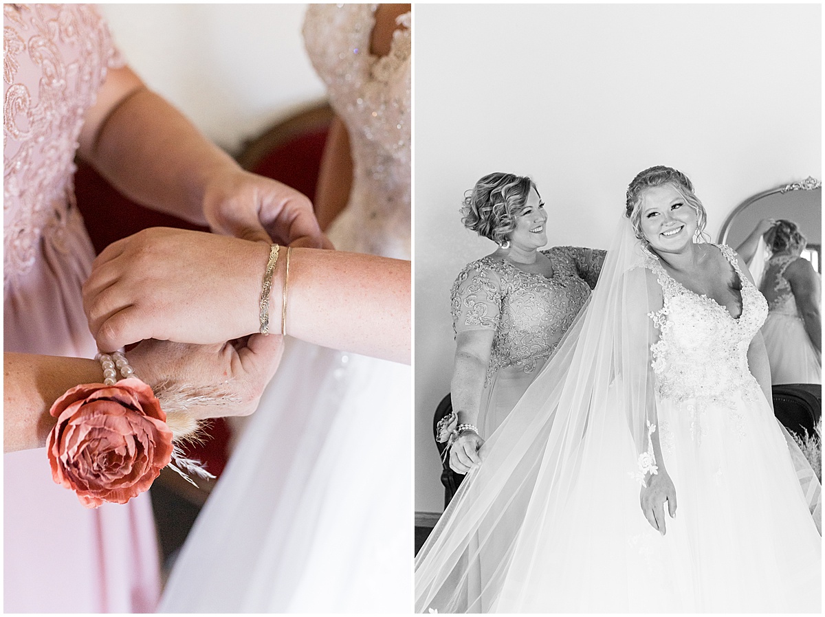 Bride putting on jewelry for Miami County Fairgrounds wedding in Peru, Indiana