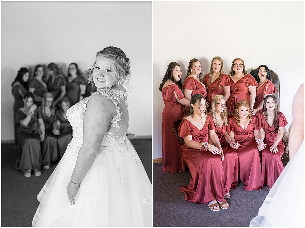 First look with bridesmaids before Miami County Fairgrounds wedding in Peru, Indiana