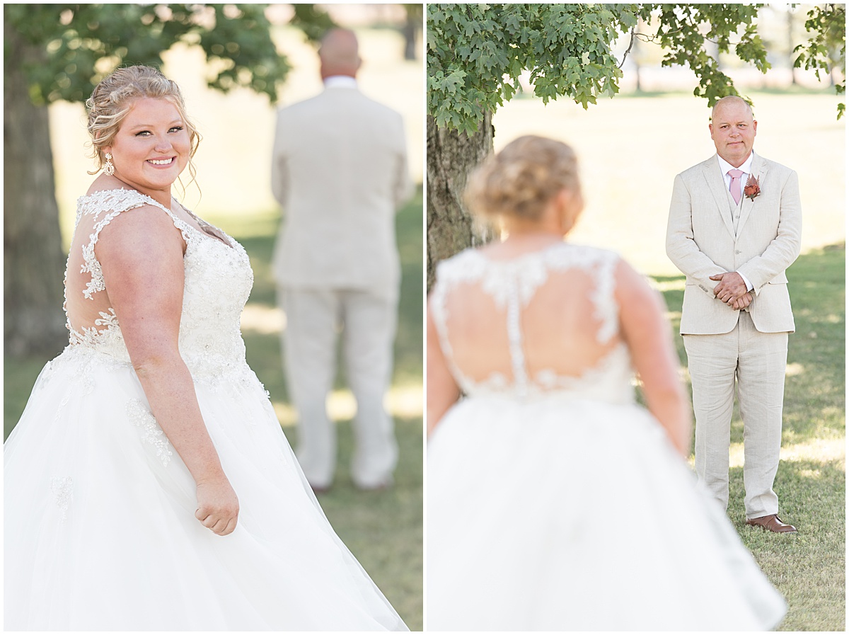 First look with father of the bride at Miami County Fairgrounds wedding in Peru, Indiana