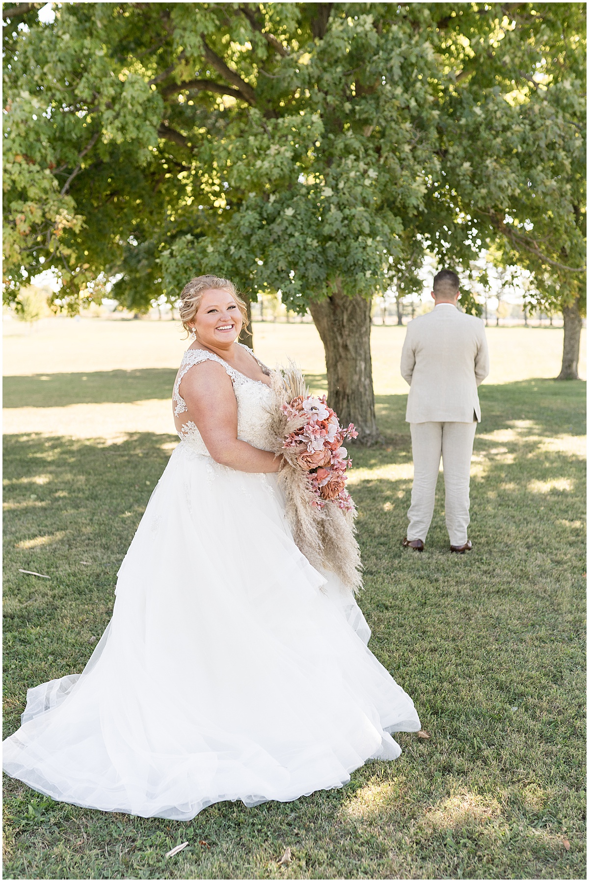Bride waiting for first look before Miami County Fairgrounds wedding in Peru, Indiana