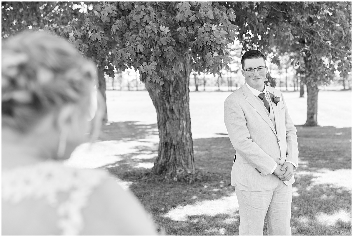 Groom reaction to bride before Miami County Fairgrounds wedding in Peru, Indiana