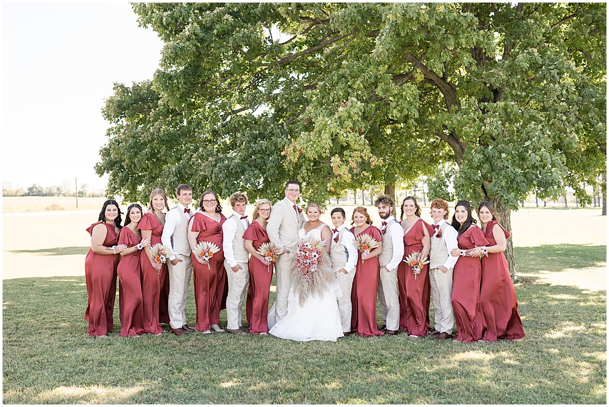 Full bridal party at Miami County Fairgrounds wedding in Peru, Indiana