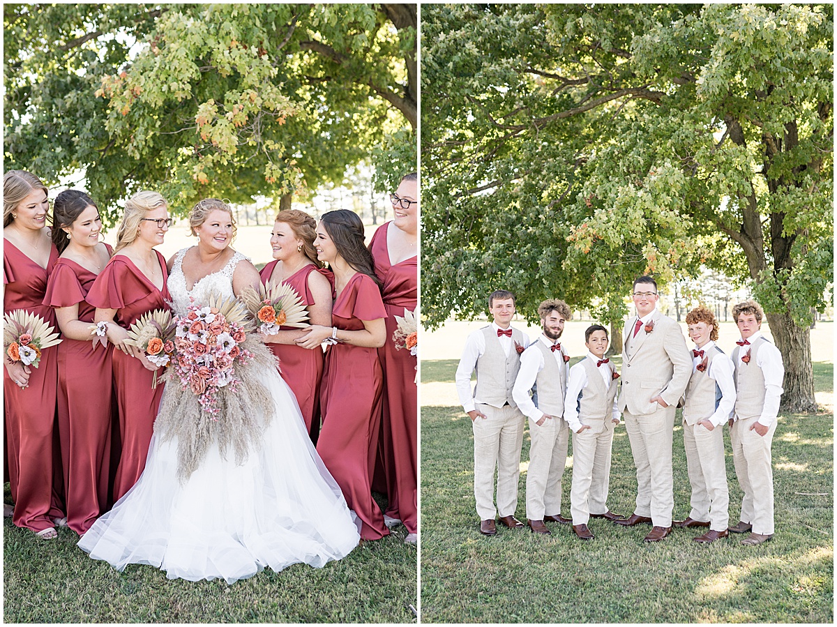 Bridal party photos with shades of tan and maroon for Miami County Fairgrounds wedding in Peru, Indiana