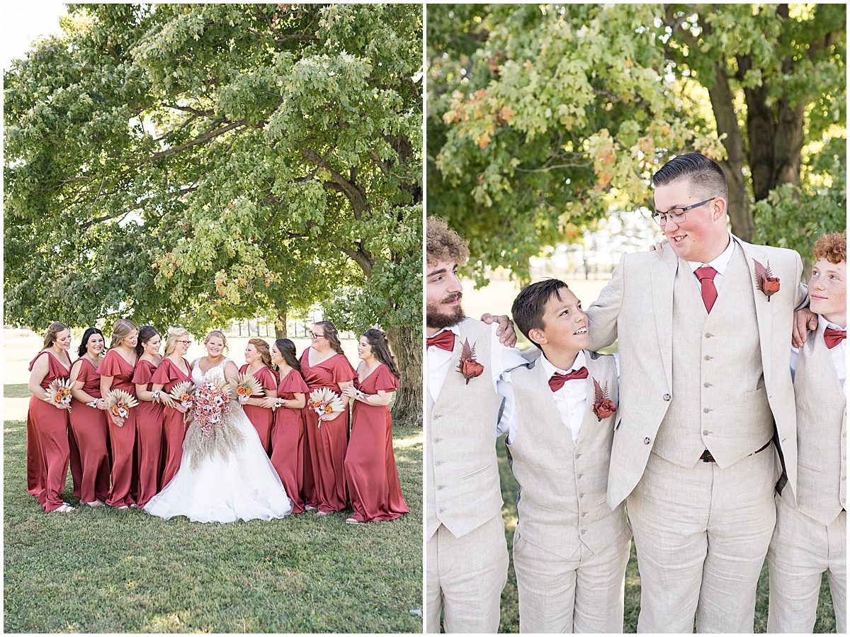 Bridal party photos under tree for Miami County Fairgrounds wedding in Peru, Indiana