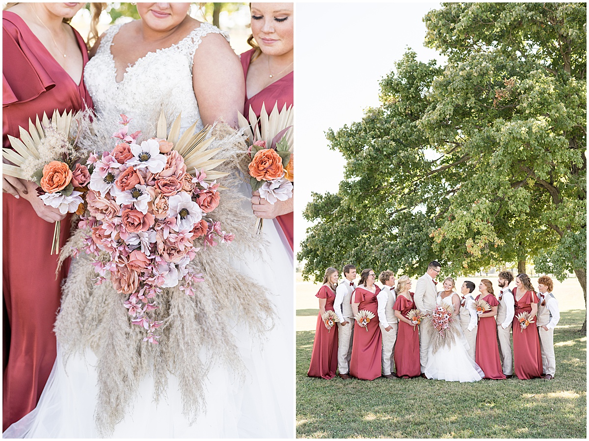 Bridal party photos with fall tones at Miami County Fairgrounds wedding in Peru, Indiana