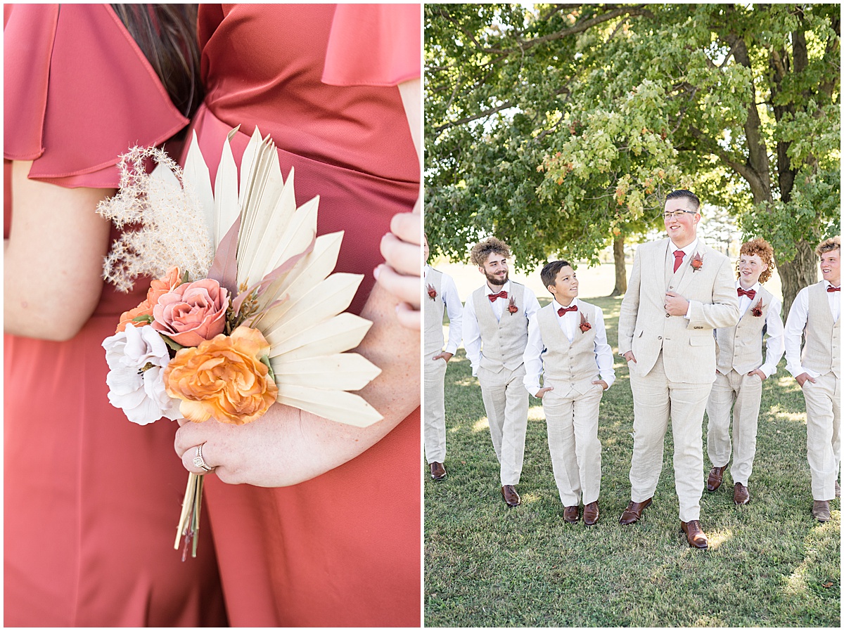Close up of fall toned florals at Miami County Fairgrounds wedding in Peru, Indiana
