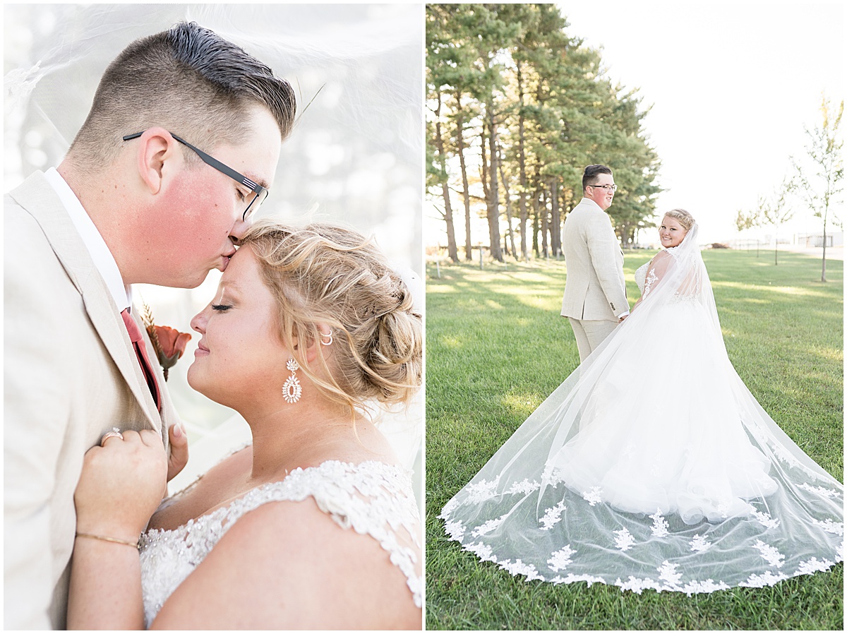Groom kisses bride's forehead at Miami County Fairgrounds wedding in Peru, Indiana