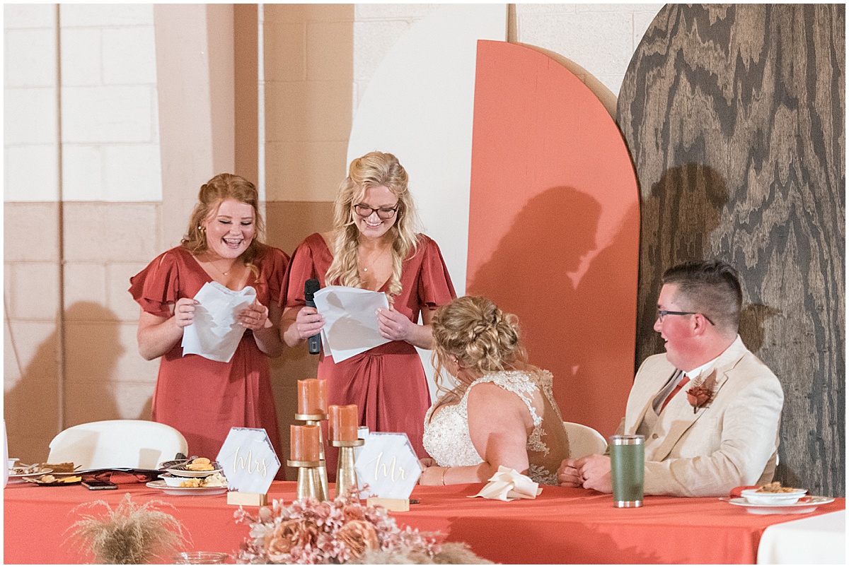 Bridesmaids speeches at Miami County Fairgrounds wedding in Peru, Indiana