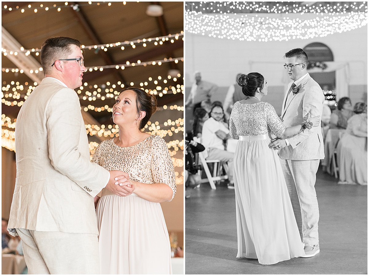 Groom dancing with mother at Miami County Fairgrounds wedding in Peru, Indiana