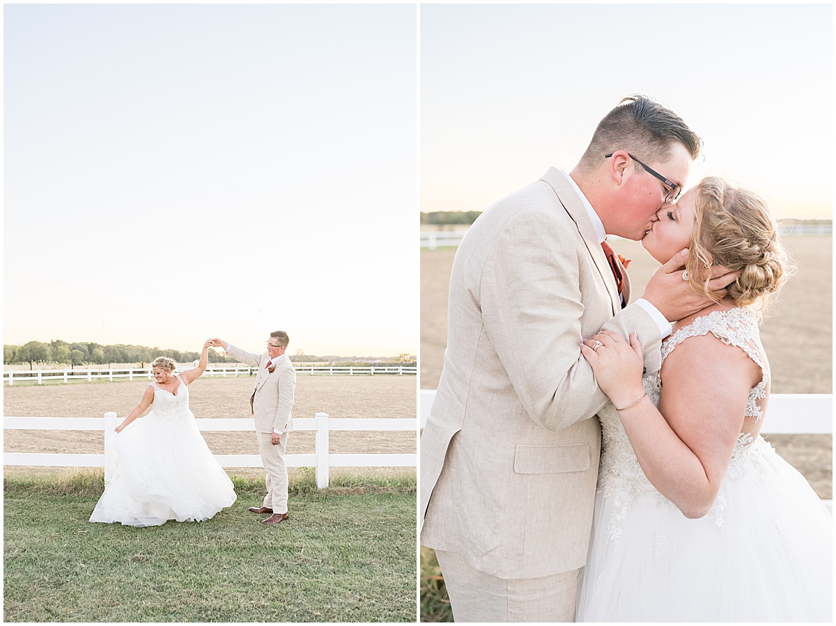 Bride and groom kiss at sunset for Miami County Fairgrounds wedding in Peru, Indiana