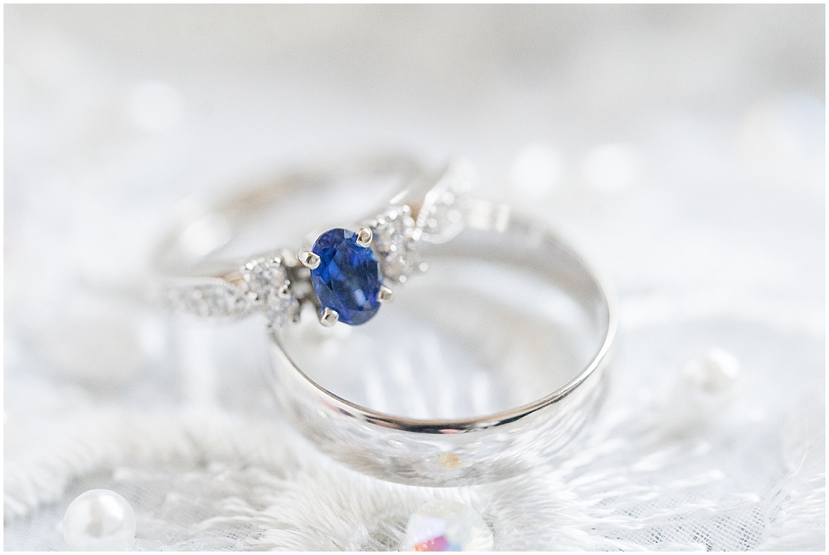 Blue and silver ring detail for wedding in Lafayette, Indiana