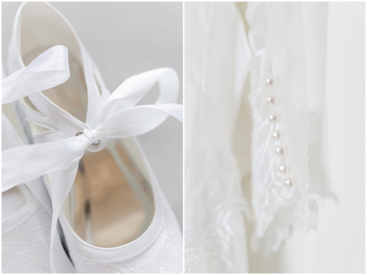 Bridal detail of shoes and dress for wedding in Lafayette, Indiana
