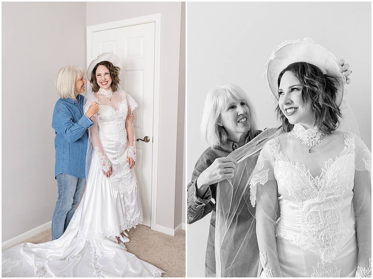 Bride putting on hat veil for wedding in Lafayette, Indiana