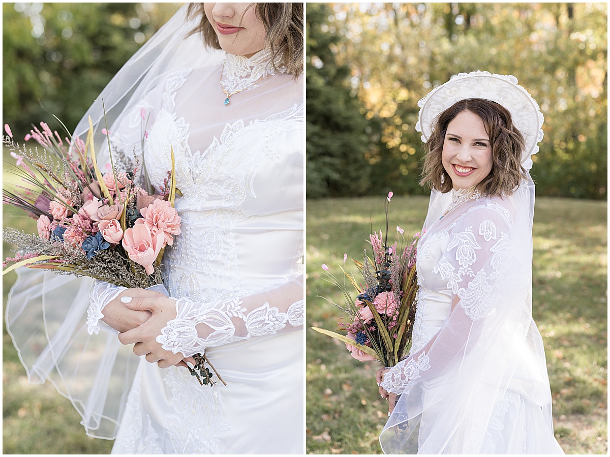 Bride wearing vintage dress and hat for wedding in Lafayette, Indiana
