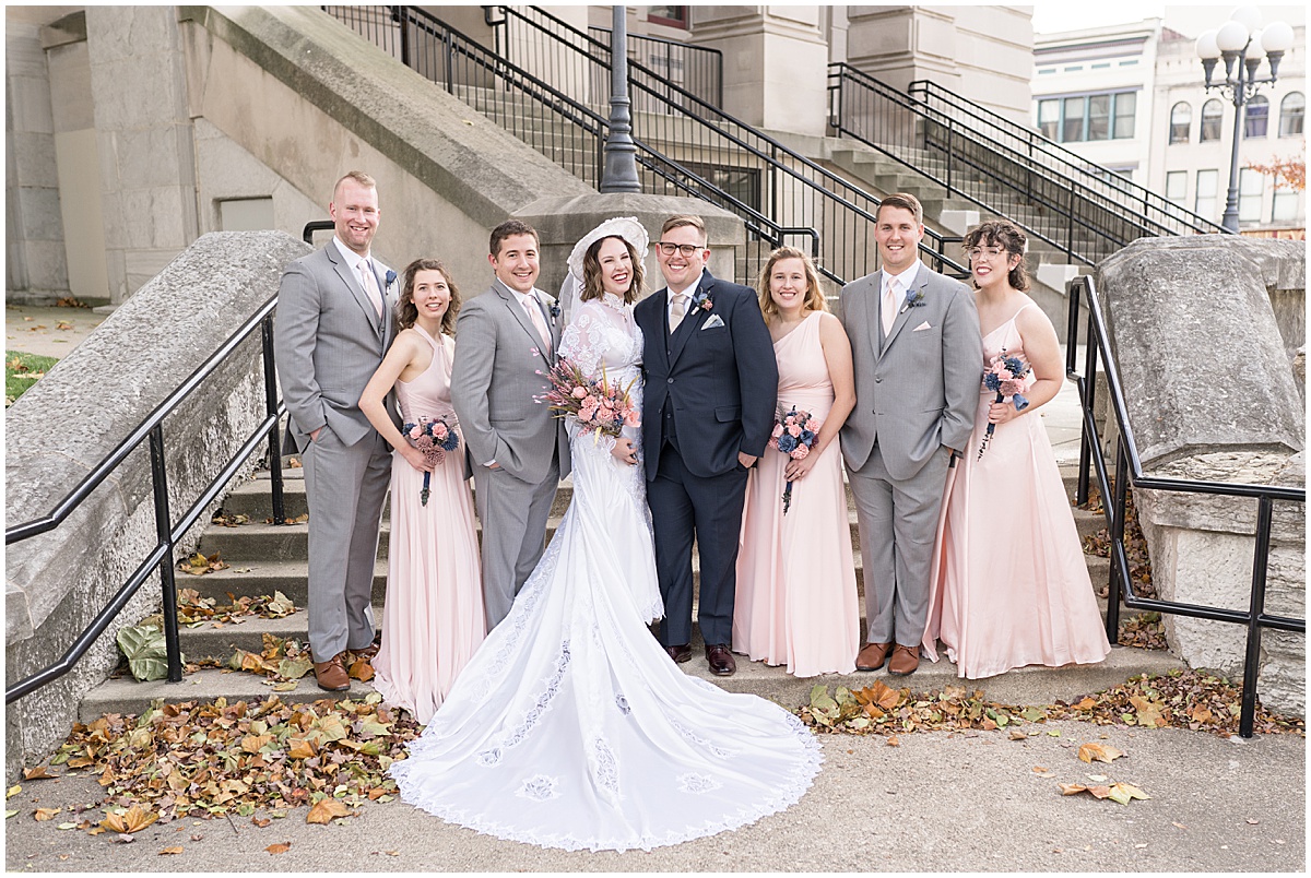 Bridal party photos in front of the Lafayette Courthouse