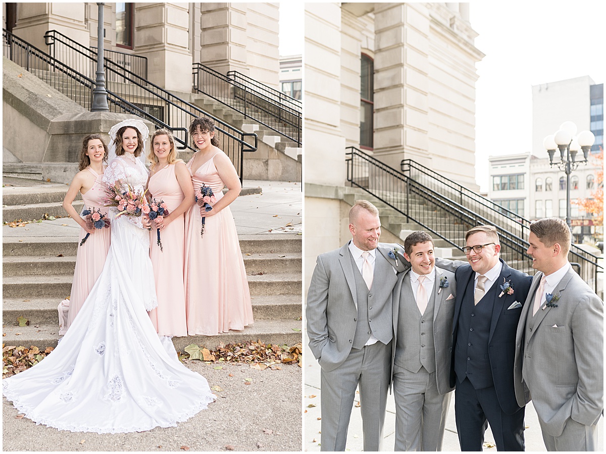 Bridesmaids and groomsmen outside the Lafayette Indiana Courthouse