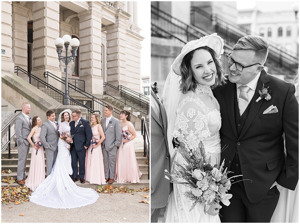 Couple laughs with bridal party during wedding photos in Downtown Lafayette, Indiana