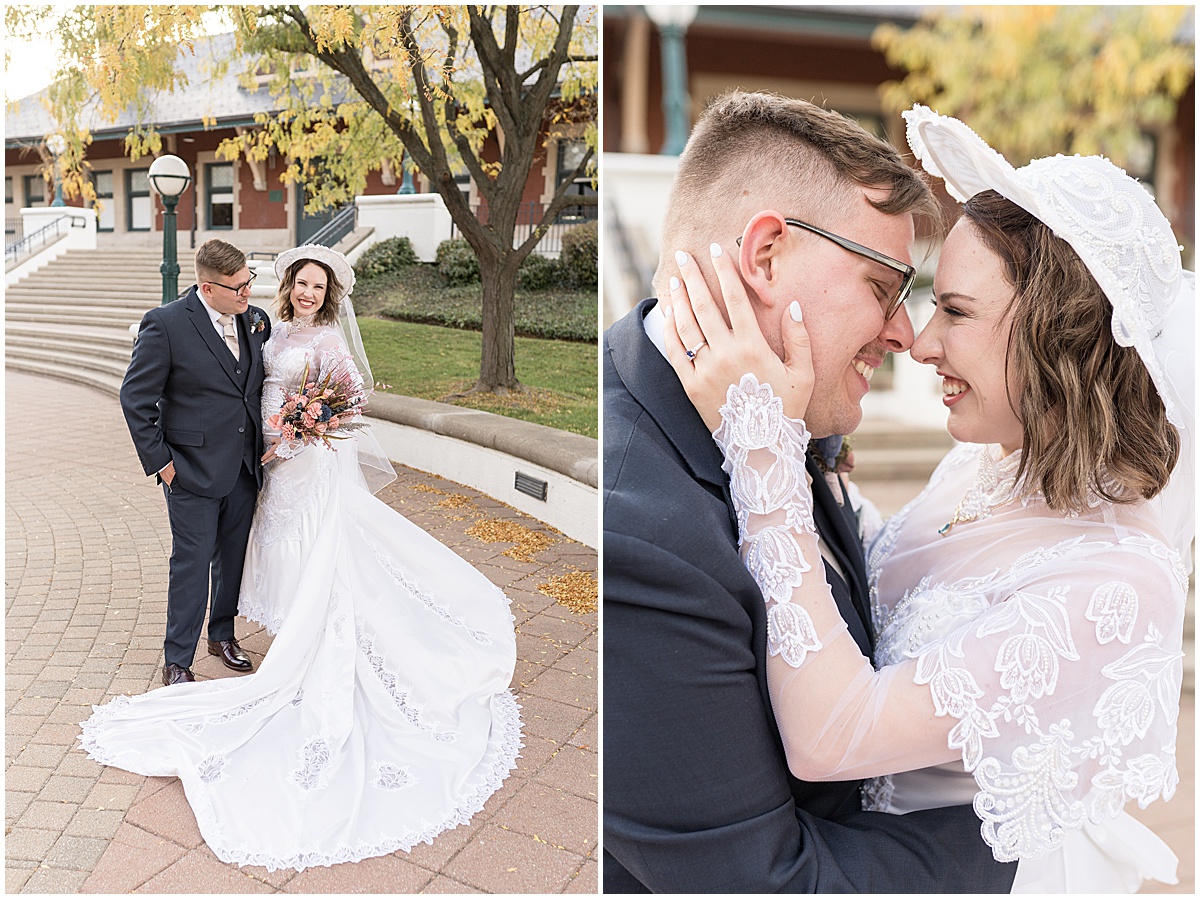 Bride and groom hug during wedding photos in Downtown Lafayette, Indiana