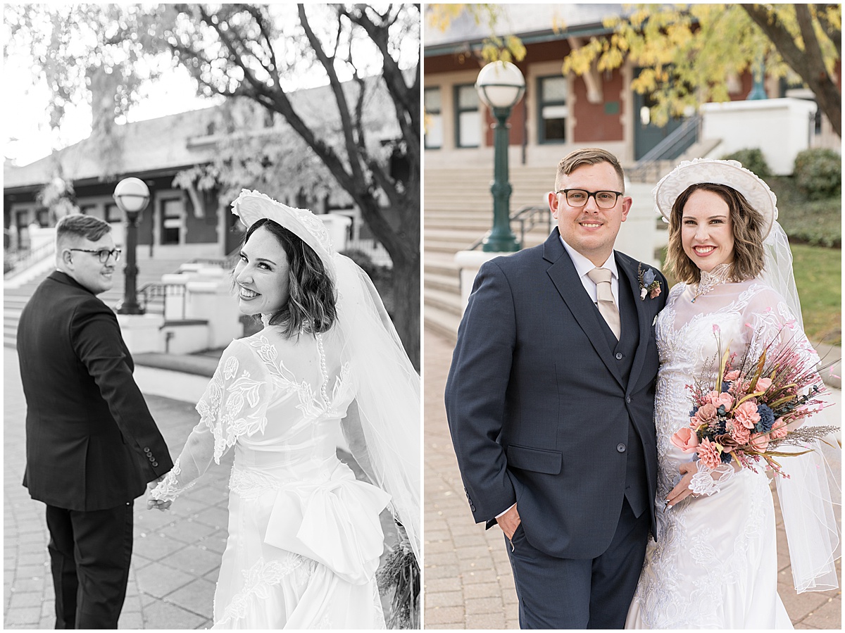 Bride and groom hold hands at wedding photos in Downtown Lafayette, Indiana