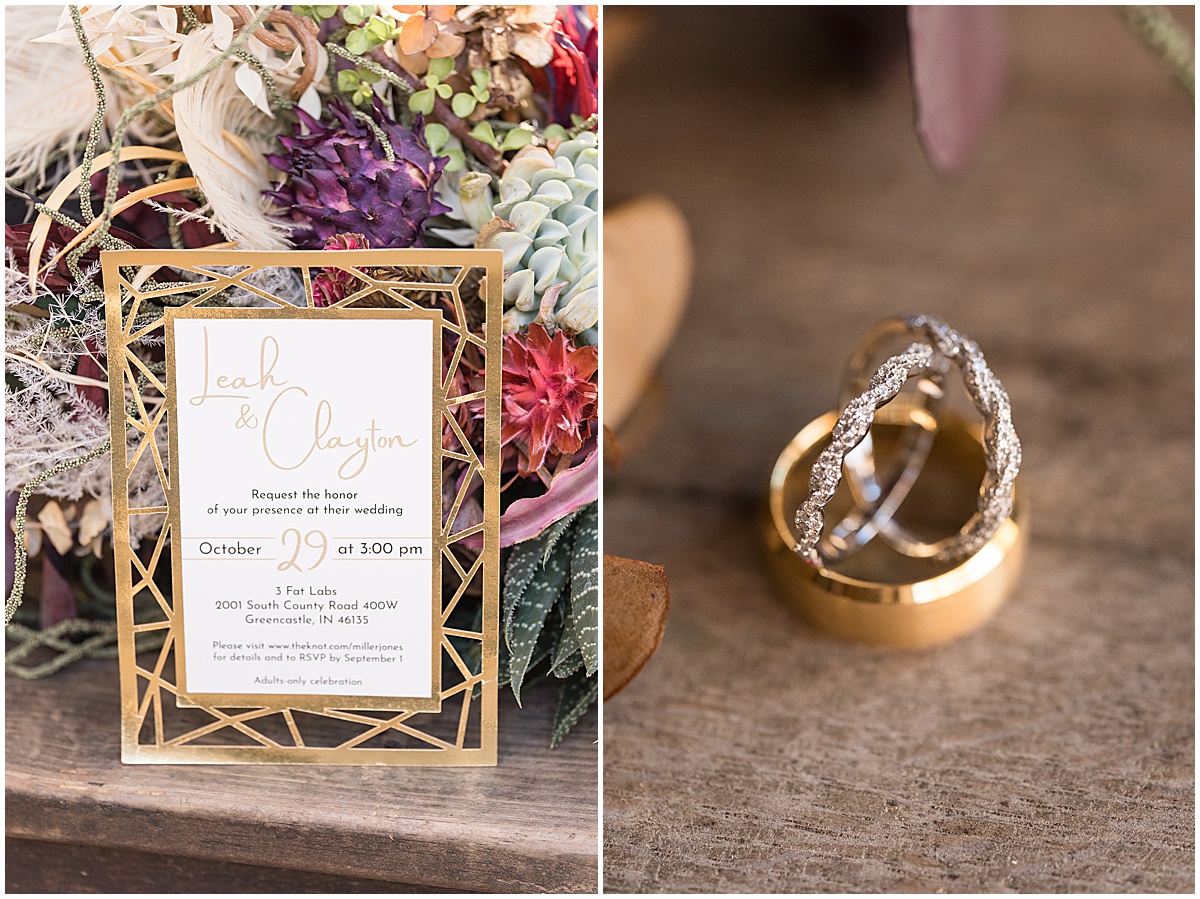 Invitation and ring detail for fall wedding at 3 Fat Labs in Greencastle, Indiana