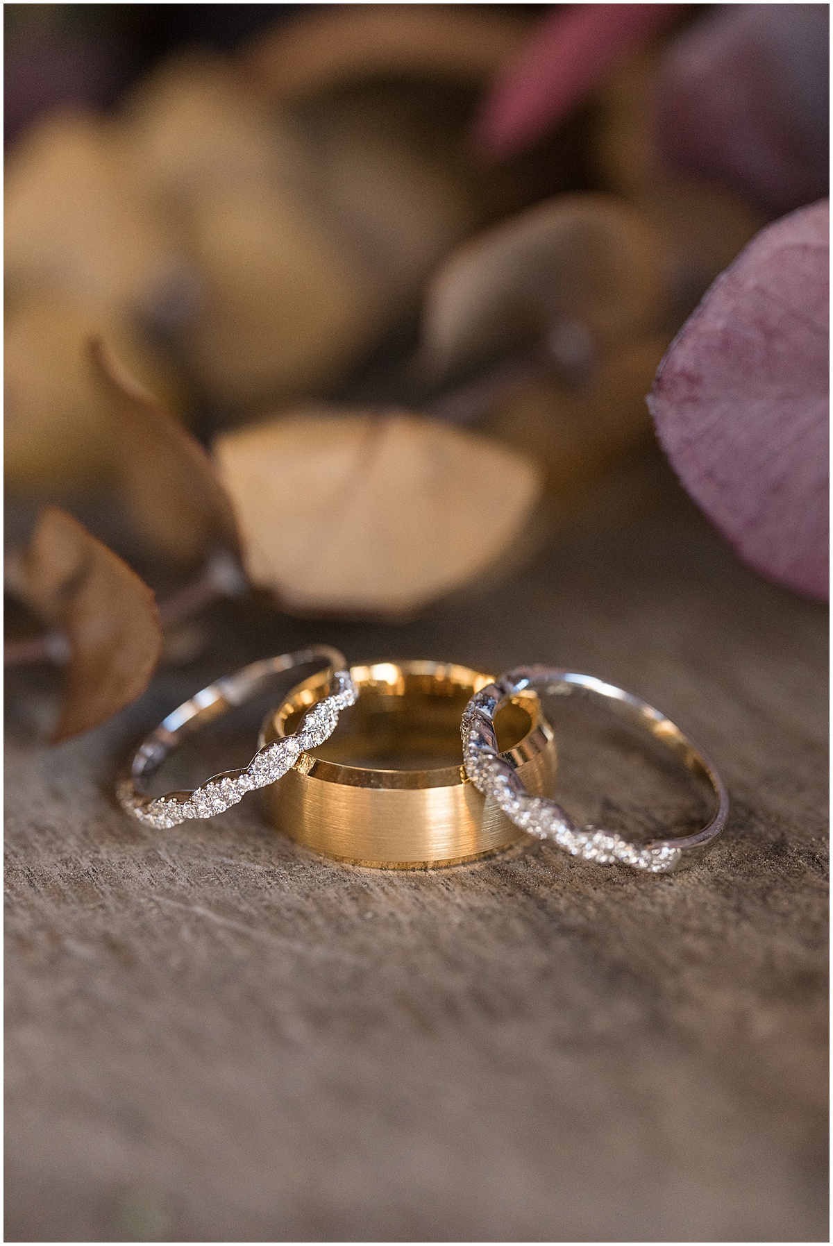 Close up of wedding rings for fall wedding at 3 Fat Labs in Greencastle, Indiana