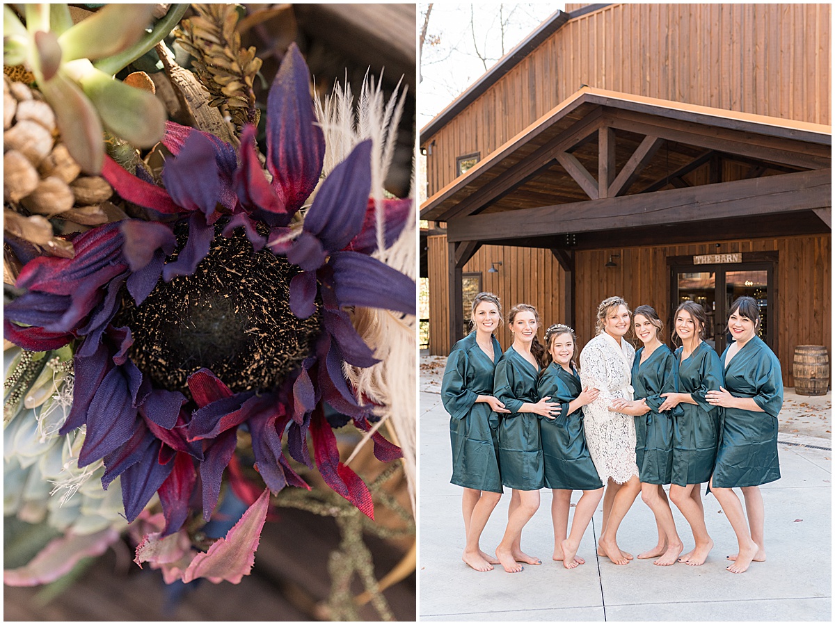 Bridesmaids in matching teal robes for fall wedding at 3 Fat Labs in Greencastle, Indiana