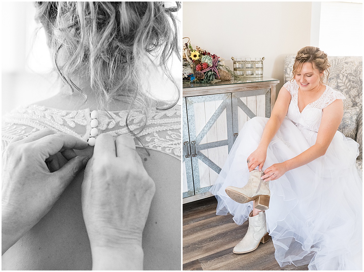 Bride putting on shoes for fall wedding at 3 Fat Labs in Greencastle, Indiana