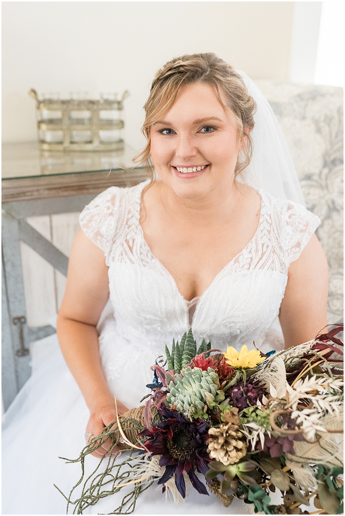 Bridal portrait in suite before fall wedding at 3 Fat Labs in Greencastle, Indiana