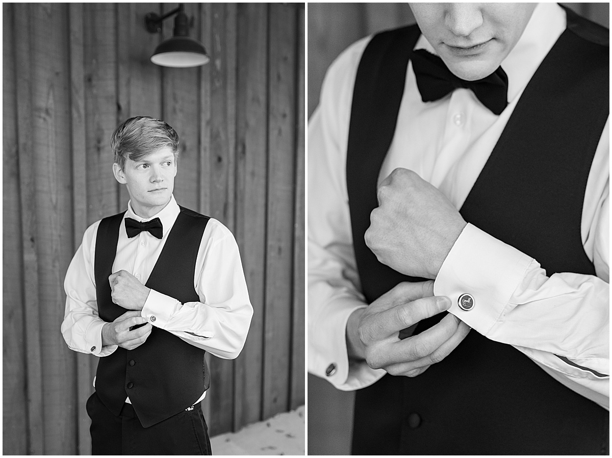 Groom adjusting cufflinks before fall wedding at 3 Fat Labs in Greencastle, Indiana