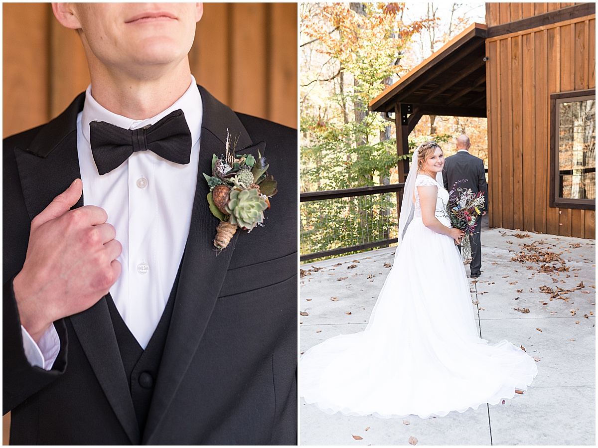 Bride's first look with father at fall wedding at 3 Fat Labs in Greencastle, Indiana