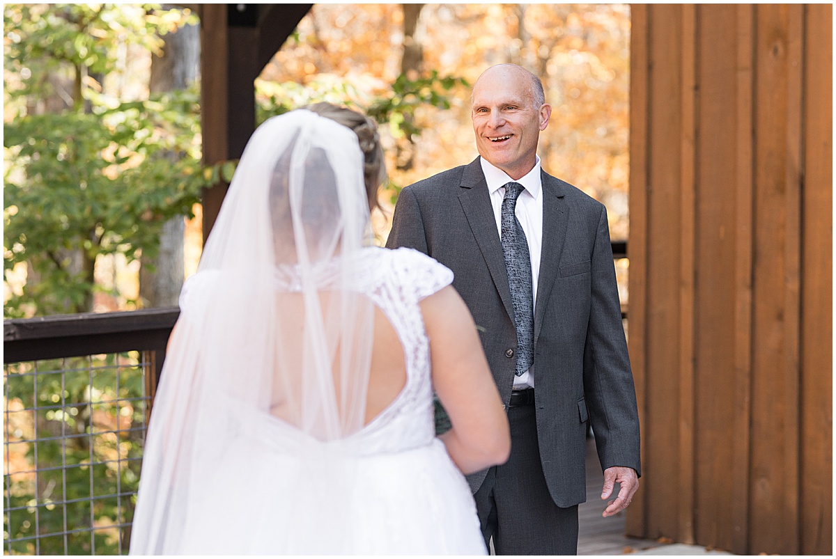 Father of the brides first look reaction at fall wedding at 3 Fat Labs in Greencastle, Indiana