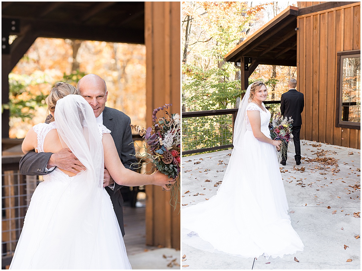 Bride hugs father before fall wedding at 3 Fat Labs in Greencastle, Indiana