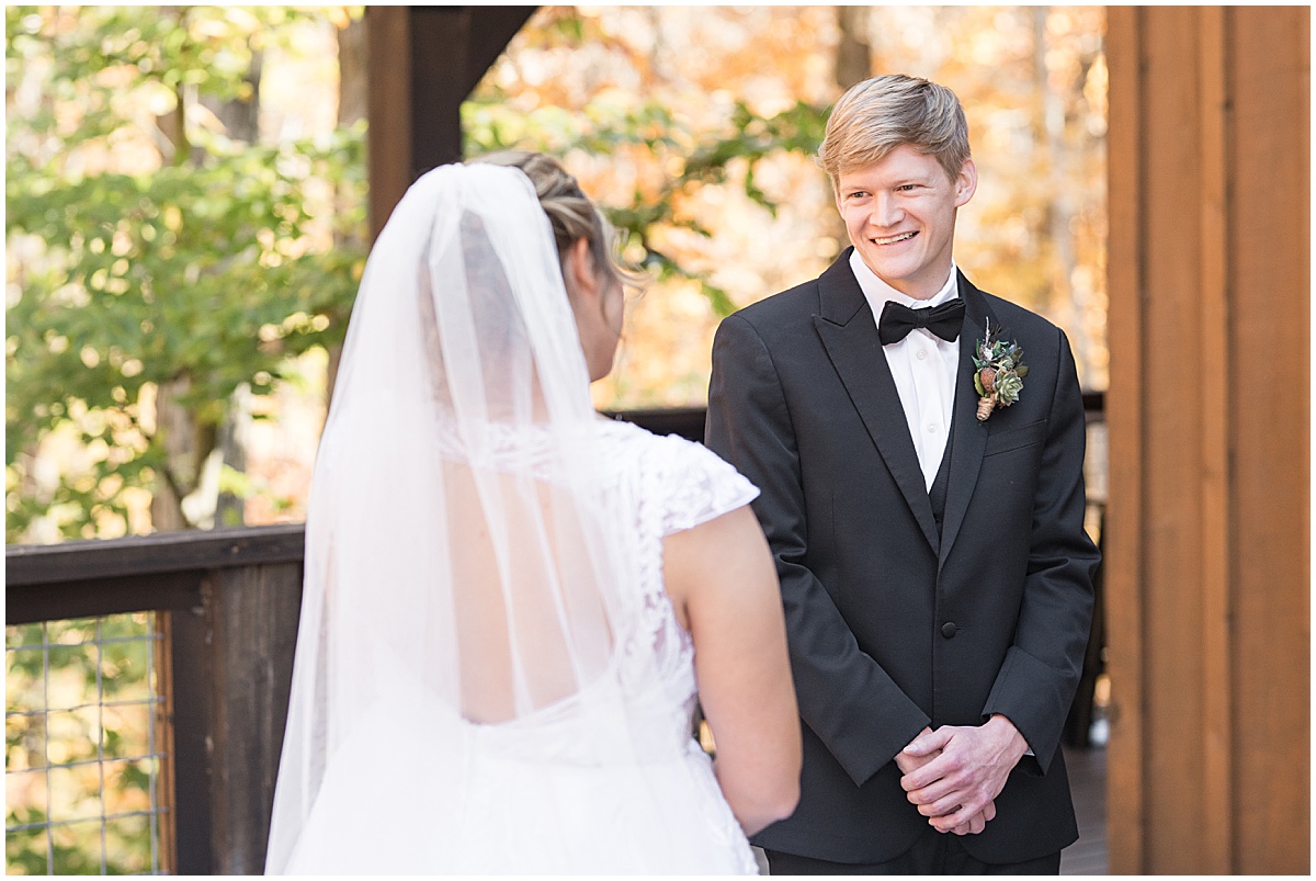 Groom's first look reaction at fall wedding at 3 Fat Labs in Greencastle, Indiana