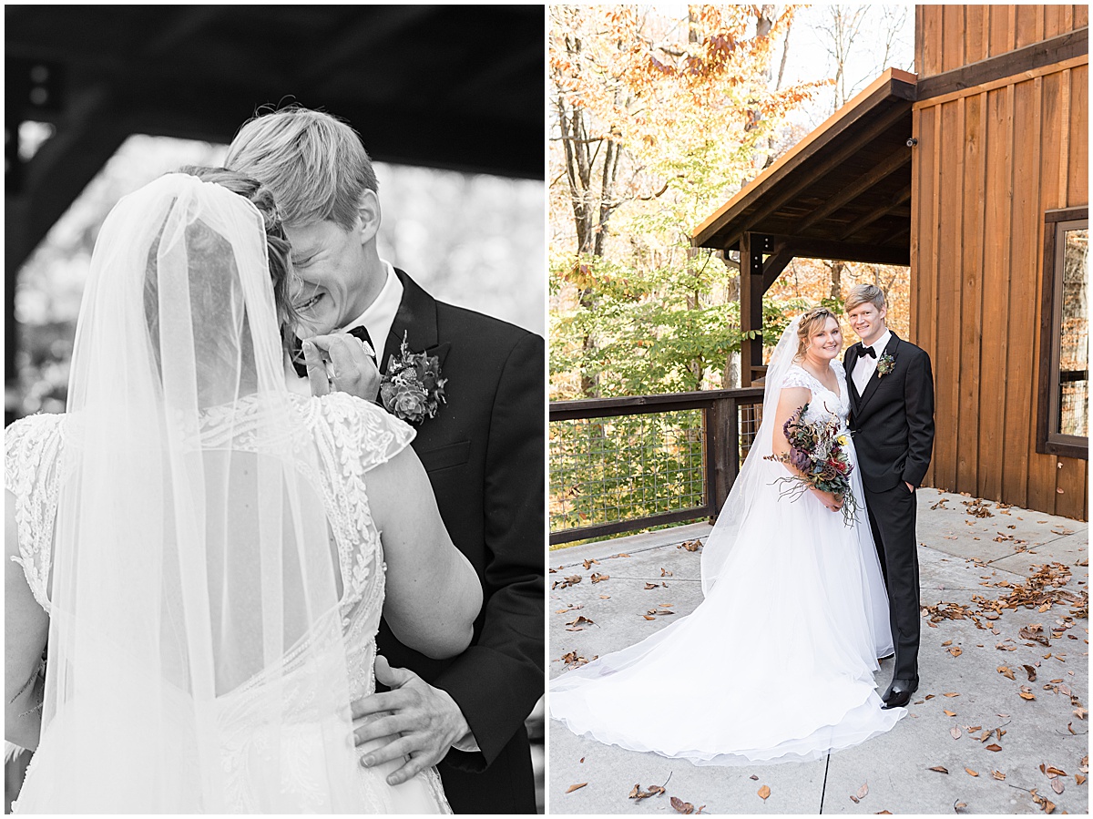 Bride and groom embrace after first look at fall wedding at 3 Fat Labs in Greencastle, Indiana
