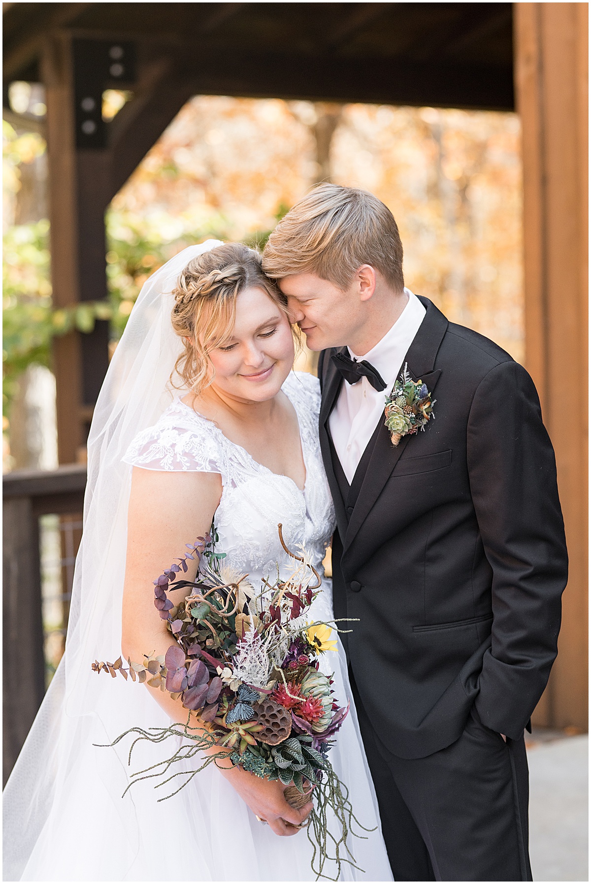 Bride and groom get close before fall wedding at 3 Fat Labs in Greencastle, Indiana