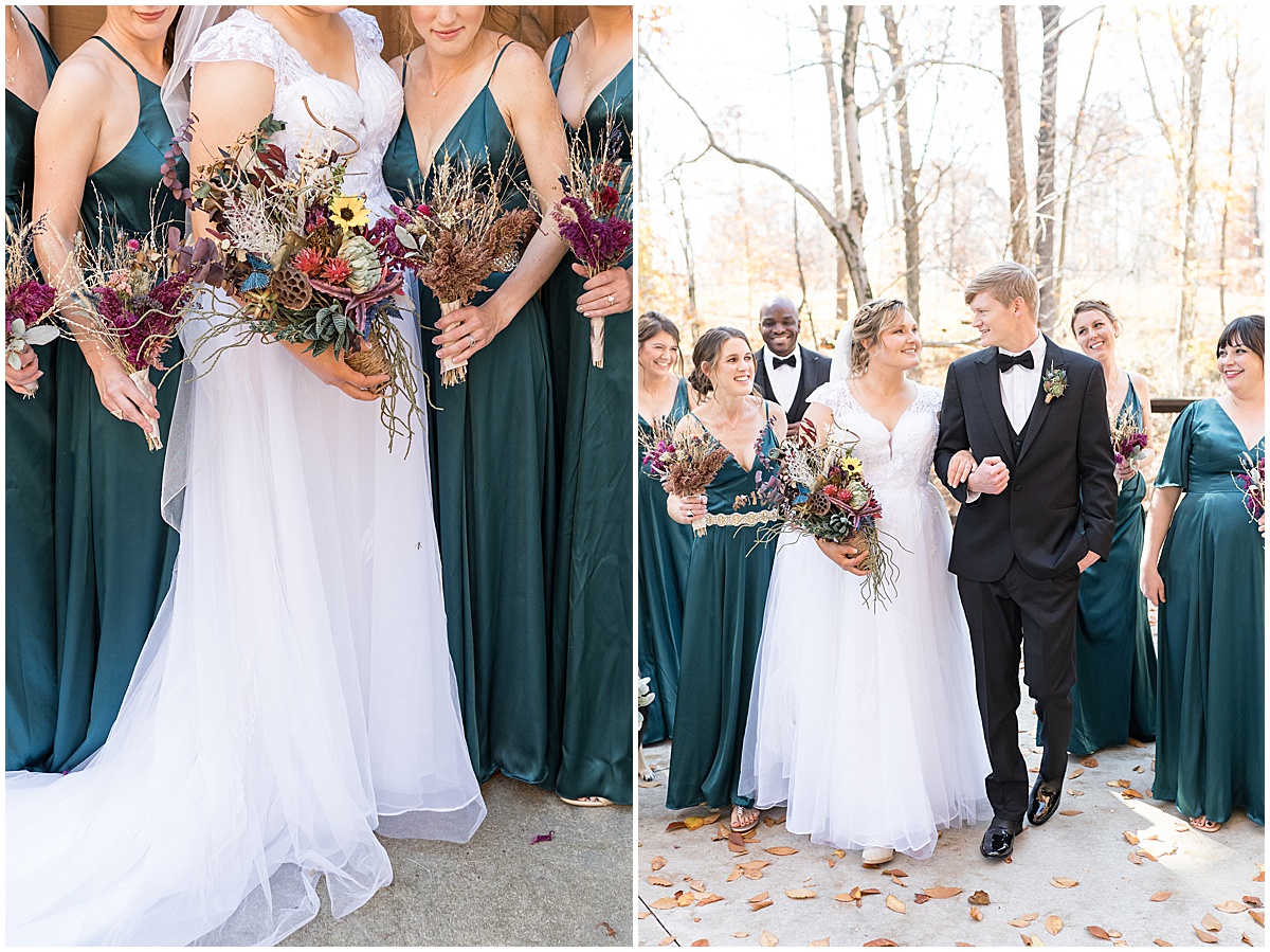 Close up of bouquets with teal dresses for fall wedding at 3 Fat Labs in Greencastle, Indiana