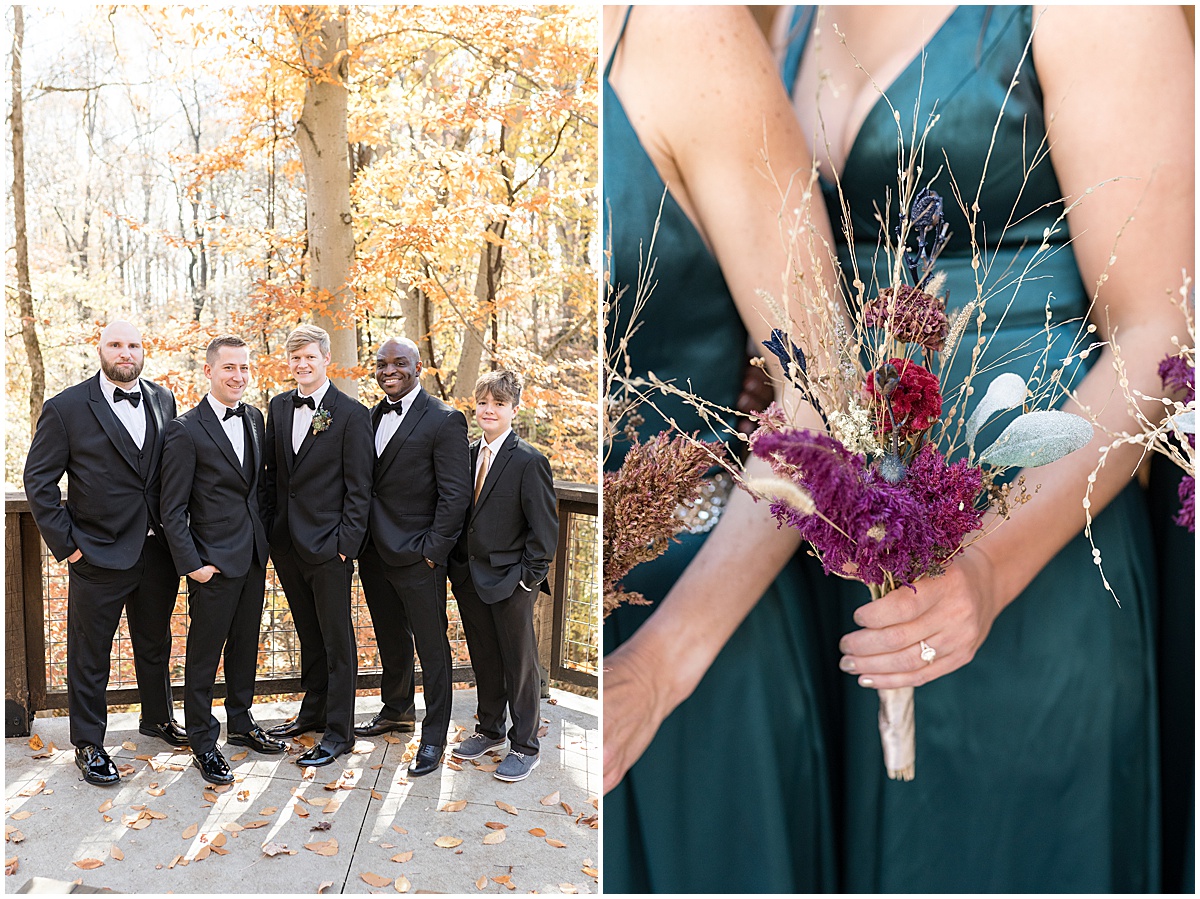 Close up of purple bouquet at fall wedding at 3 Fat Labs in Greencastle, Indiana