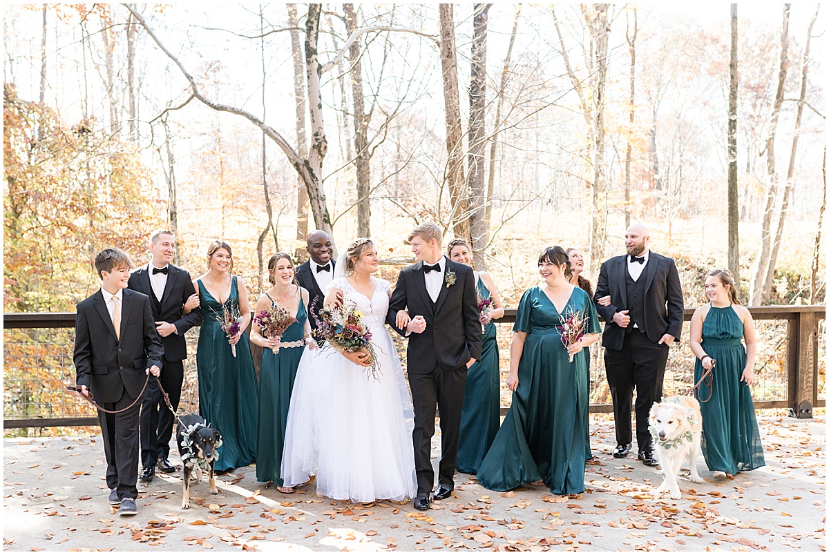 Full wedding party walks in fall leaves for fall wedding at 3 Fat Labs in Greencastle, Indiana