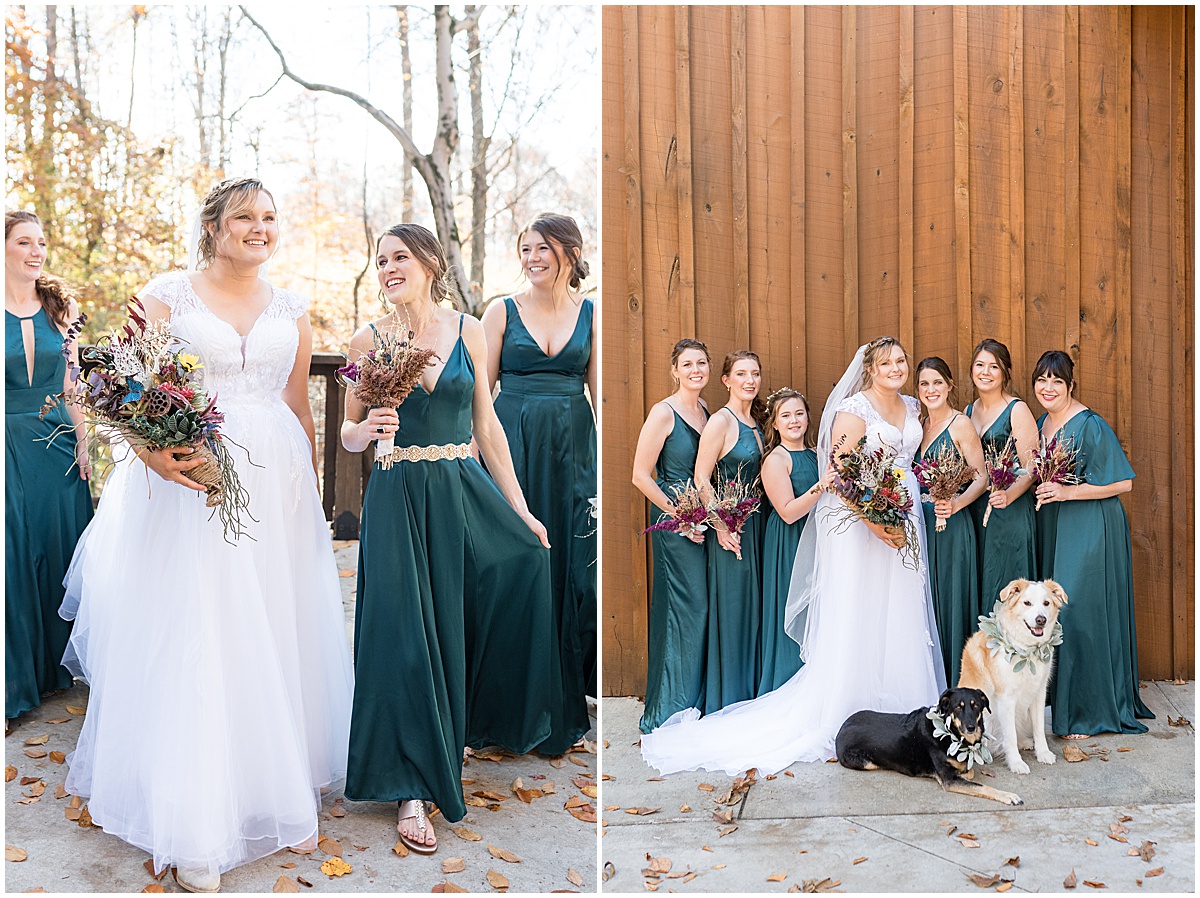 Bride and bridesmaids walk in fall leaves before fall wedding at 3 Fat Labs in Greencastle, Indiana