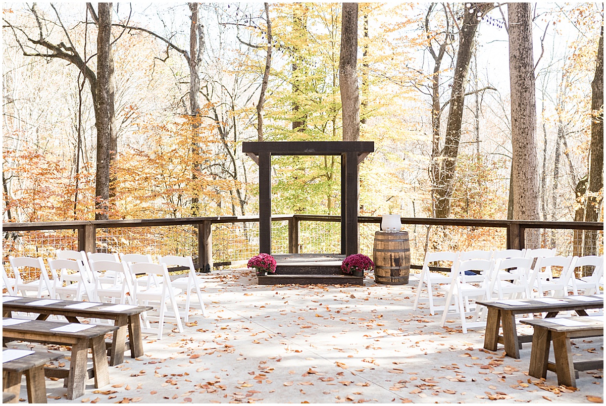 Wedding arch in fall foliage for fall wedding at 3 Fat Labs in Greencastle, Indiana