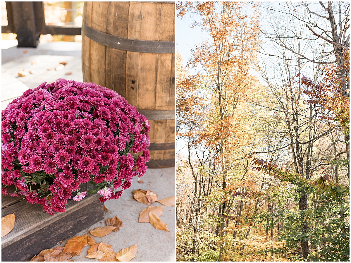 Purple mums at fall wedding at 3 Fat Labs in Greencastle, Indiana