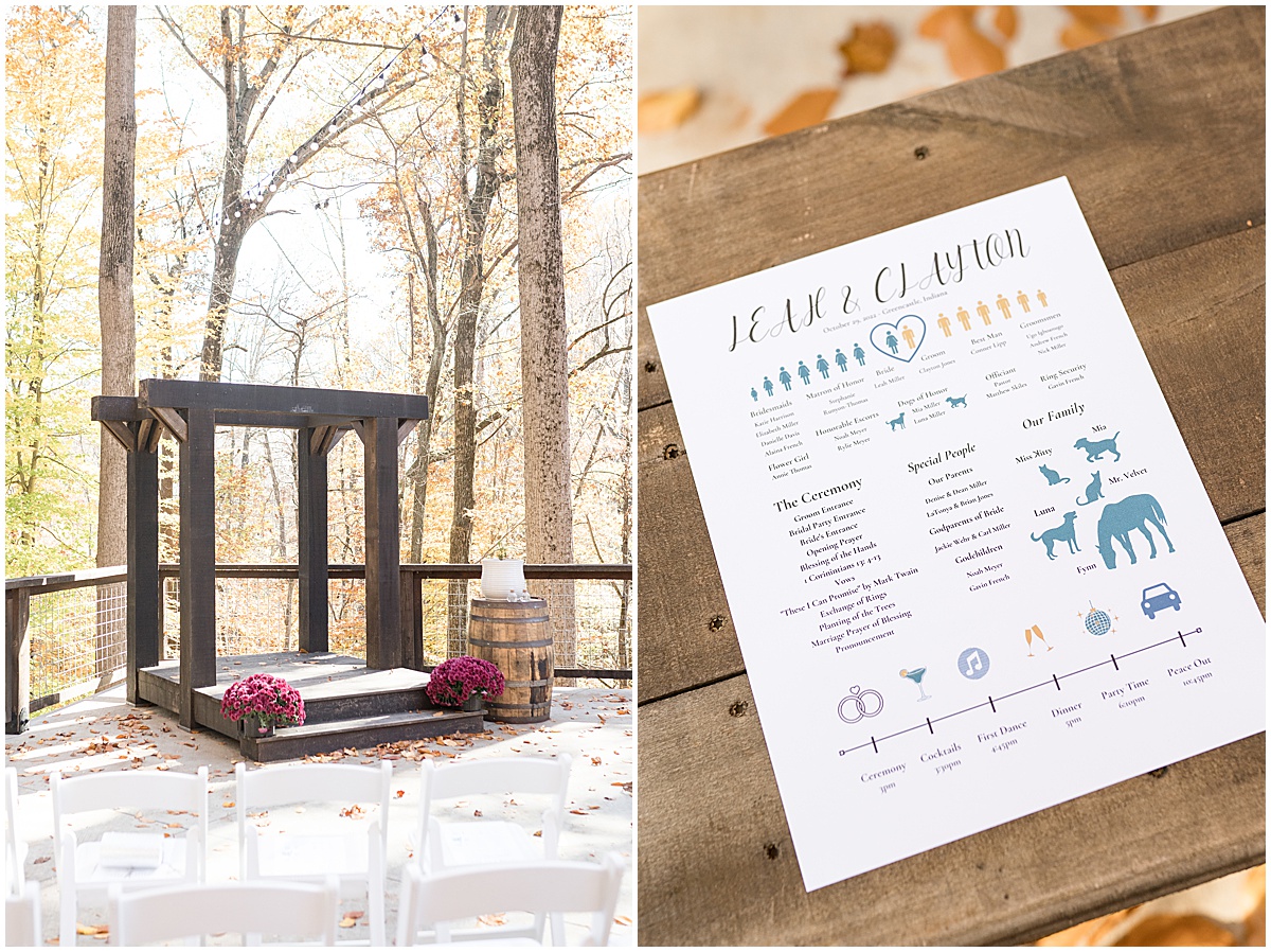Wedding arch and invitation details at fall wedding at 3 Fat Labs in Greencastle, Indiana